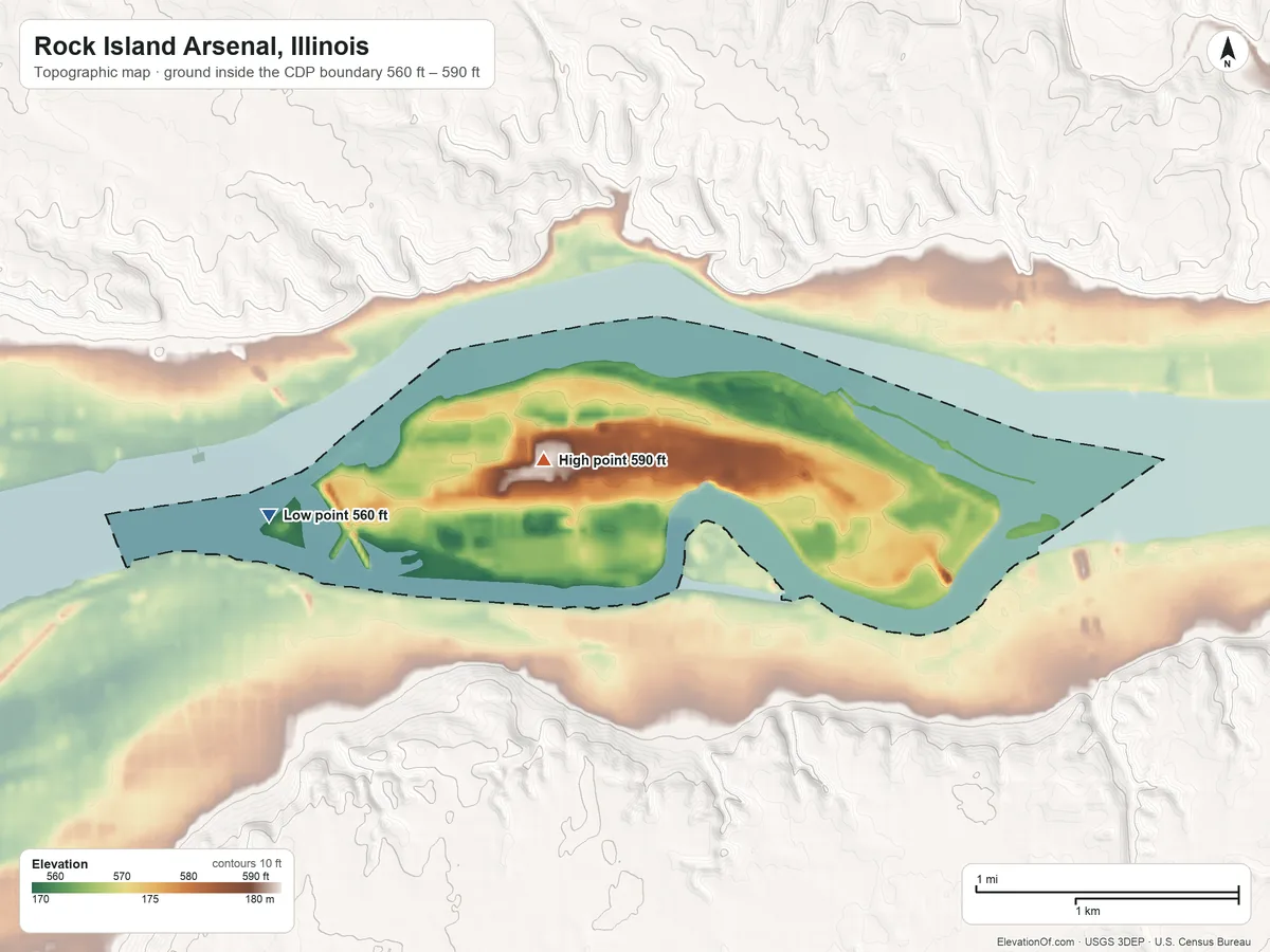 Topographic elevation map of Rock Island Arsenal, Illinois, shaded from 560 ft on the west side to 590 ft on the west side