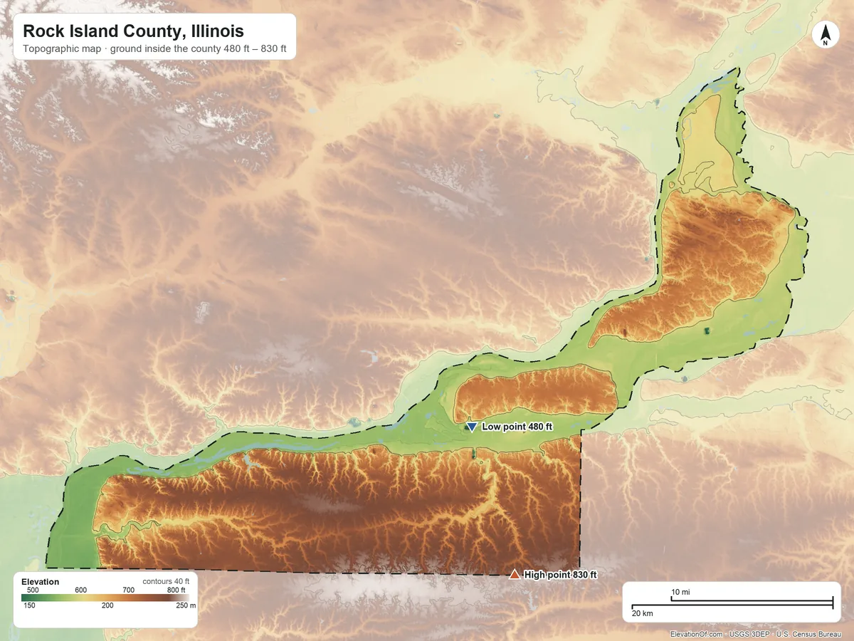 Topographic elevation map of Rock Island County, Illinois, shaded from 480 ft on the southeast side to 830 ft on the south side