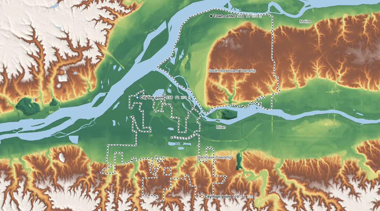 Topographic elevation map of Rock Island, Illinois, shaded from 550 ft on the southwest side to 720 ft on the south side