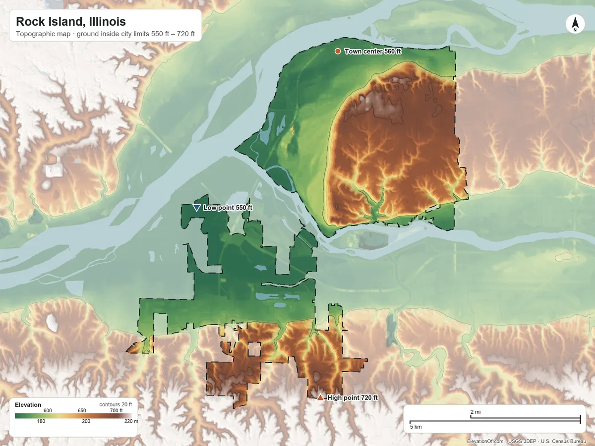 Topographic elevation map of Rock Island, Illinois, shaded from 550 ft on the southwest side to 720 ft on the south side