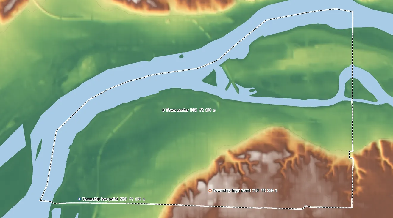 Topographic elevation map of Rock Island Township, Illinois, shaded from 550 ft on the southwest side to 710 ft on the southeast side