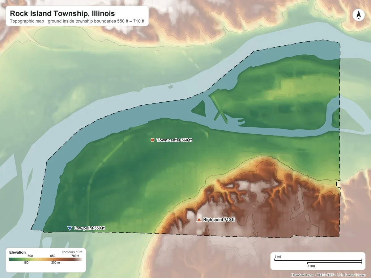 Topographic elevation map of Rock Island Township, Illinois, shaded from 550 ft on the southwest side to 710 ft on the southeast side