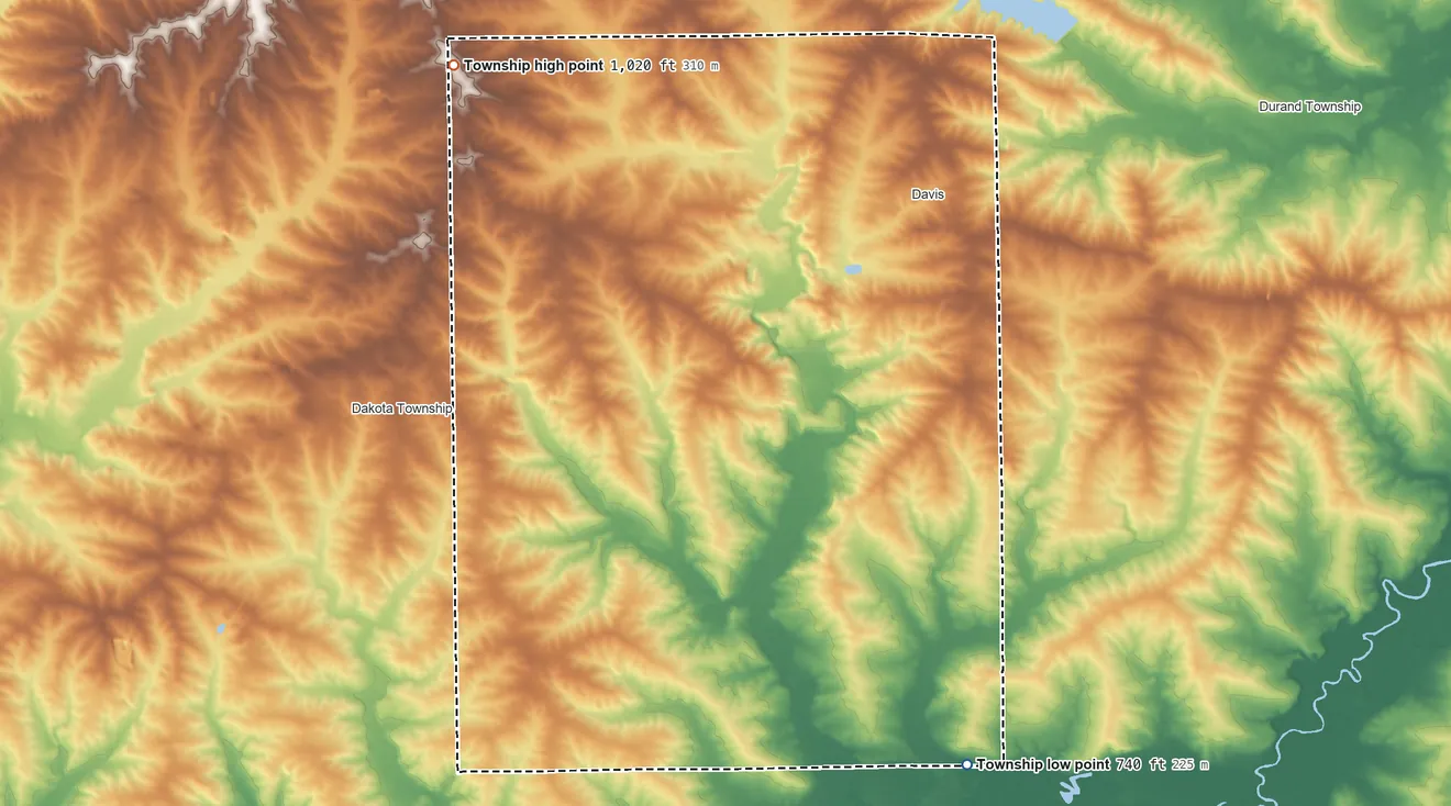 Topographic elevation map of Rock Run Township, Illinois, shaded from 740 ft on the south side to 1,020 ft on the northwest side