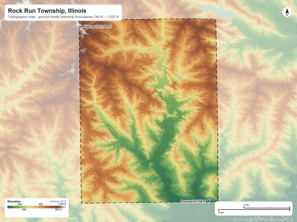 Topographic elevation map of Rock Run Township, Illinois, shaded from 740 ft on the south side to 1,020 ft on the northwest side