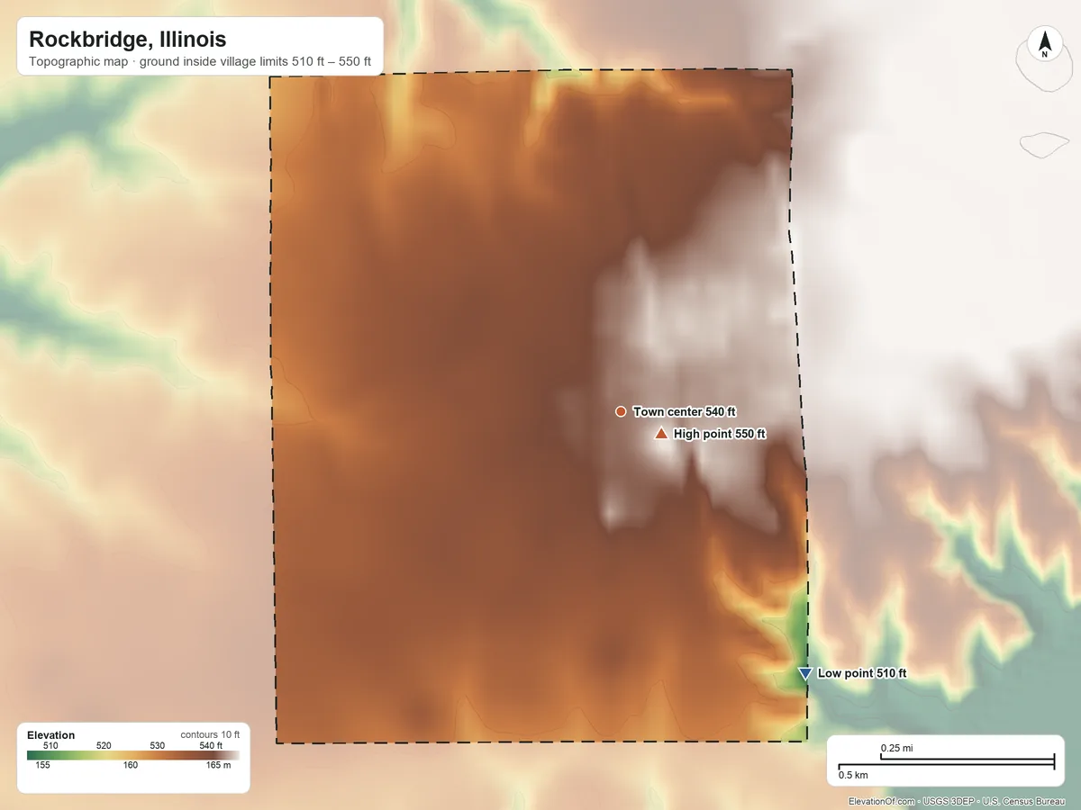 Topographic elevation map of Rockbridge, Illinois, shaded from 510 ft on the southeast side to 550 ft near the middle