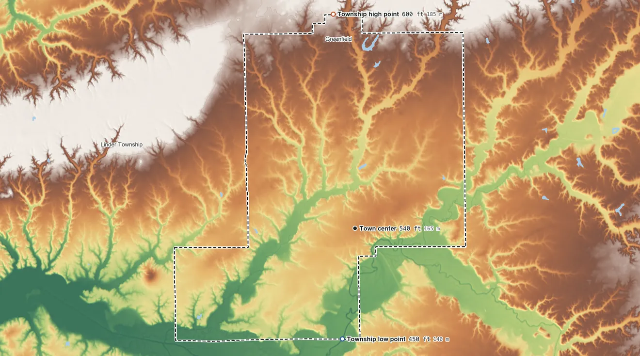 Topographic elevation map of Rockbridge Township, Illinois, shaded from 450 ft on the south side to 600 ft on the north side