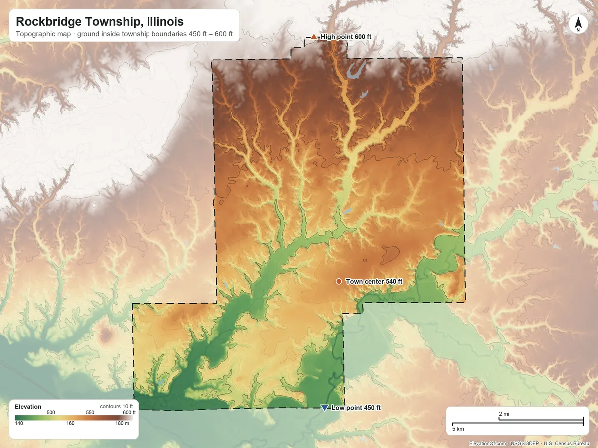 Topographic elevation map of Rockbridge Township, Illinois, shaded from 450 ft on the south side to 600 ft on the north side