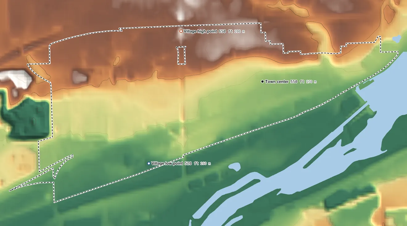 Topographic elevation map of Rockdale, Illinois, shaded from 520 ft on the southwest side to 650 ft on the northwest side
