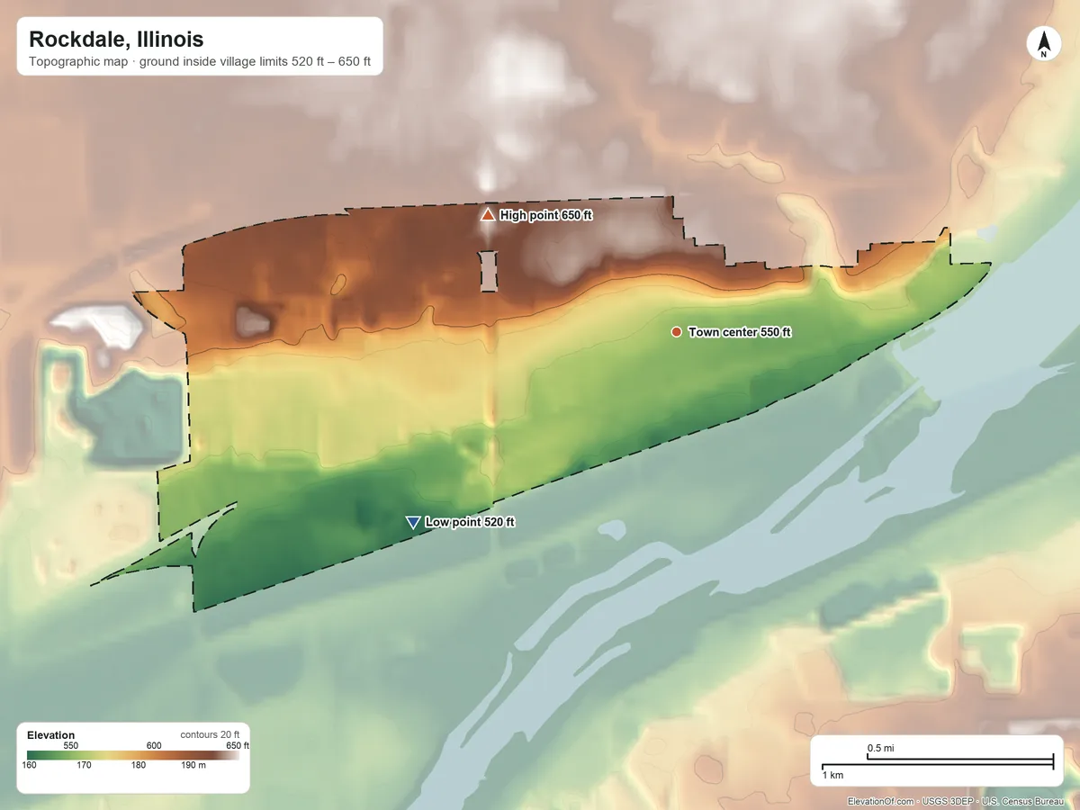 Topographic elevation map of Rockdale, Illinois, shaded from 520 ft on the southwest side to 650 ft on the northwest side