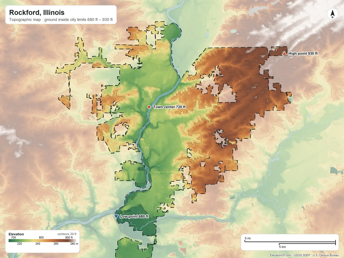 Topographic elevation map of Rockford, Illinois, shaded from 680 ft on the south side to 930 ft on the east side
