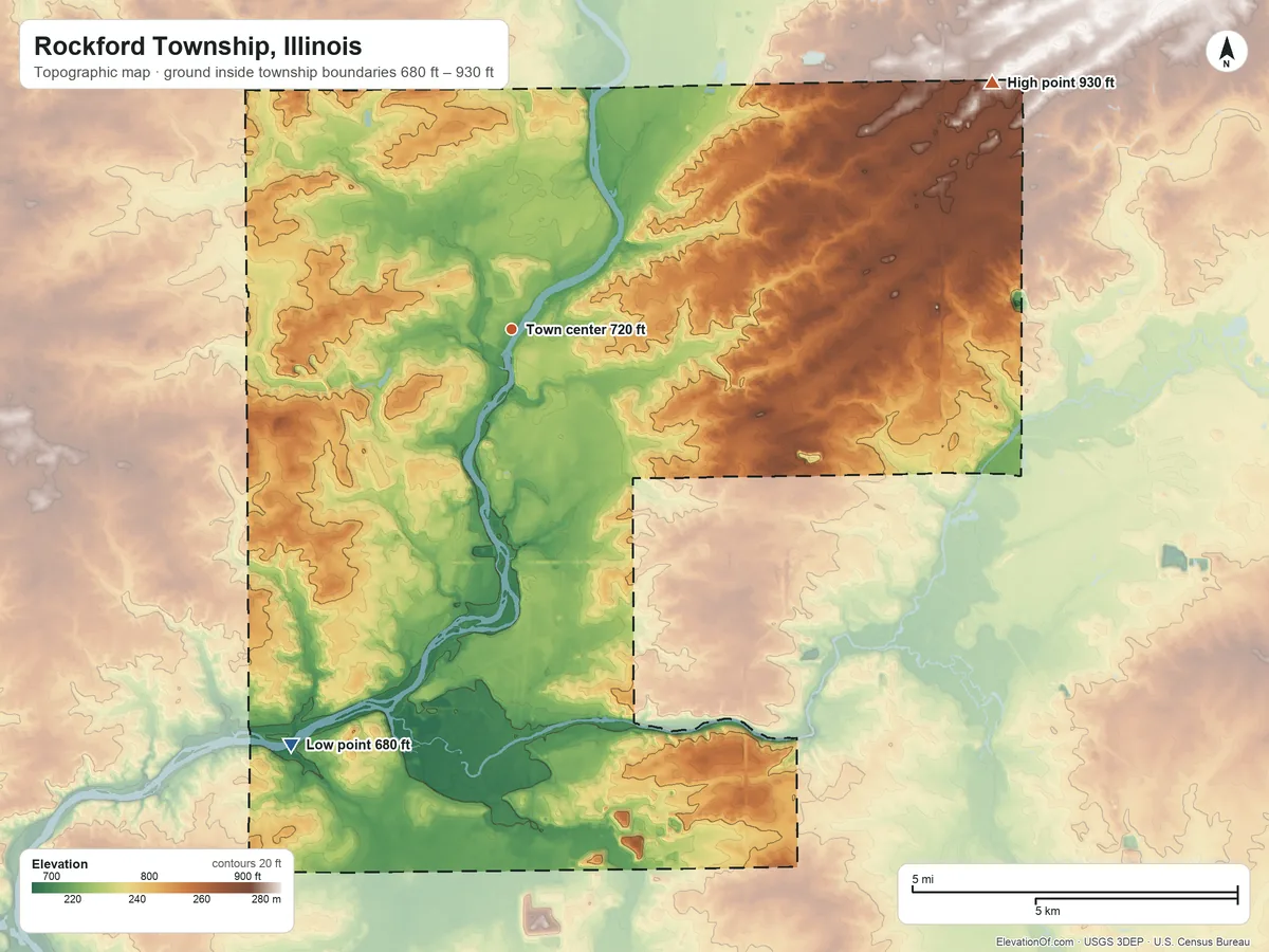 Topographic elevation map of Rockford Township, Illinois, shaded from 680 ft on the southwest side to 930 ft on the northeast side