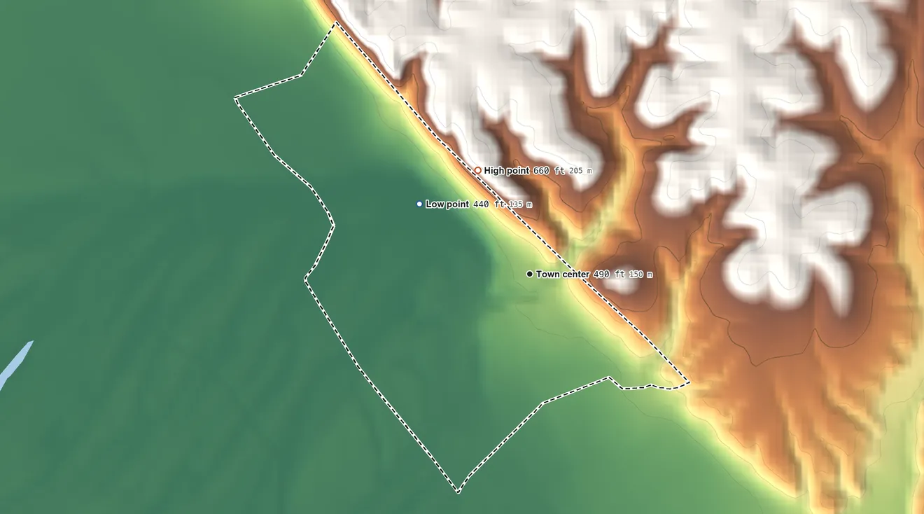 Topographic elevation map of Rockport, Illinois, shaded from 440 ft on the northwest side to 660 ft on the northwest side