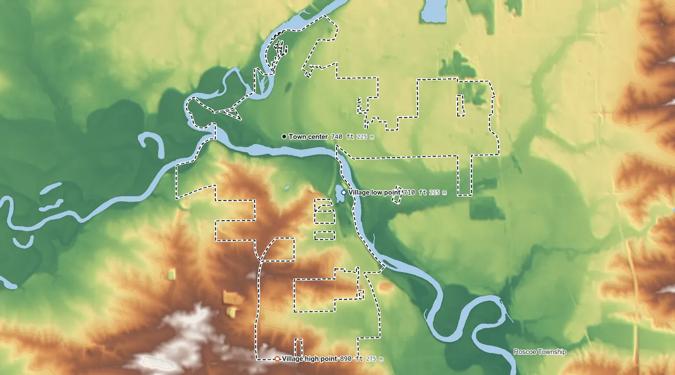 Topographic elevation map of Rockton, Illinois, shaded from 710 ft on the southeast side to 890 ft on the south side