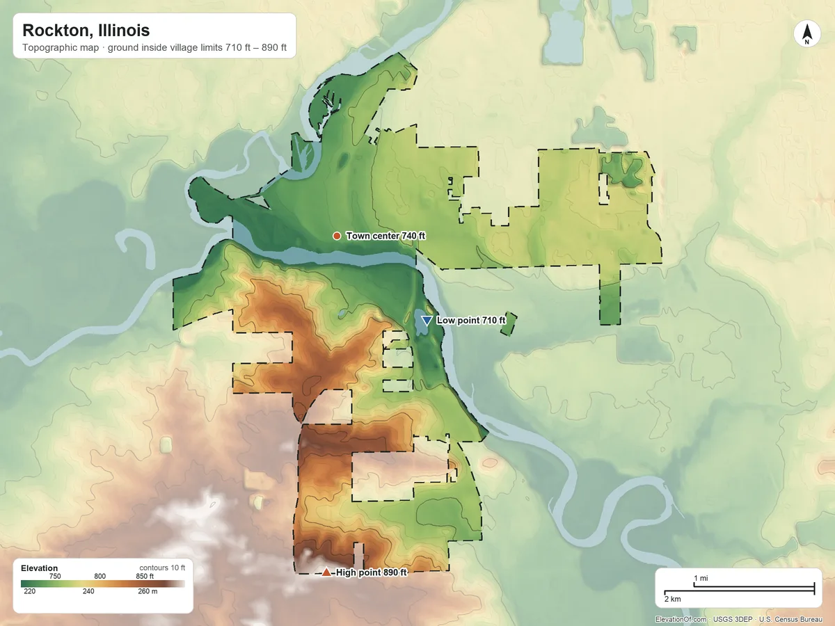 Topographic elevation map of Rockton, Illinois, shaded from 710 ft on the southeast side to 890 ft on the south side