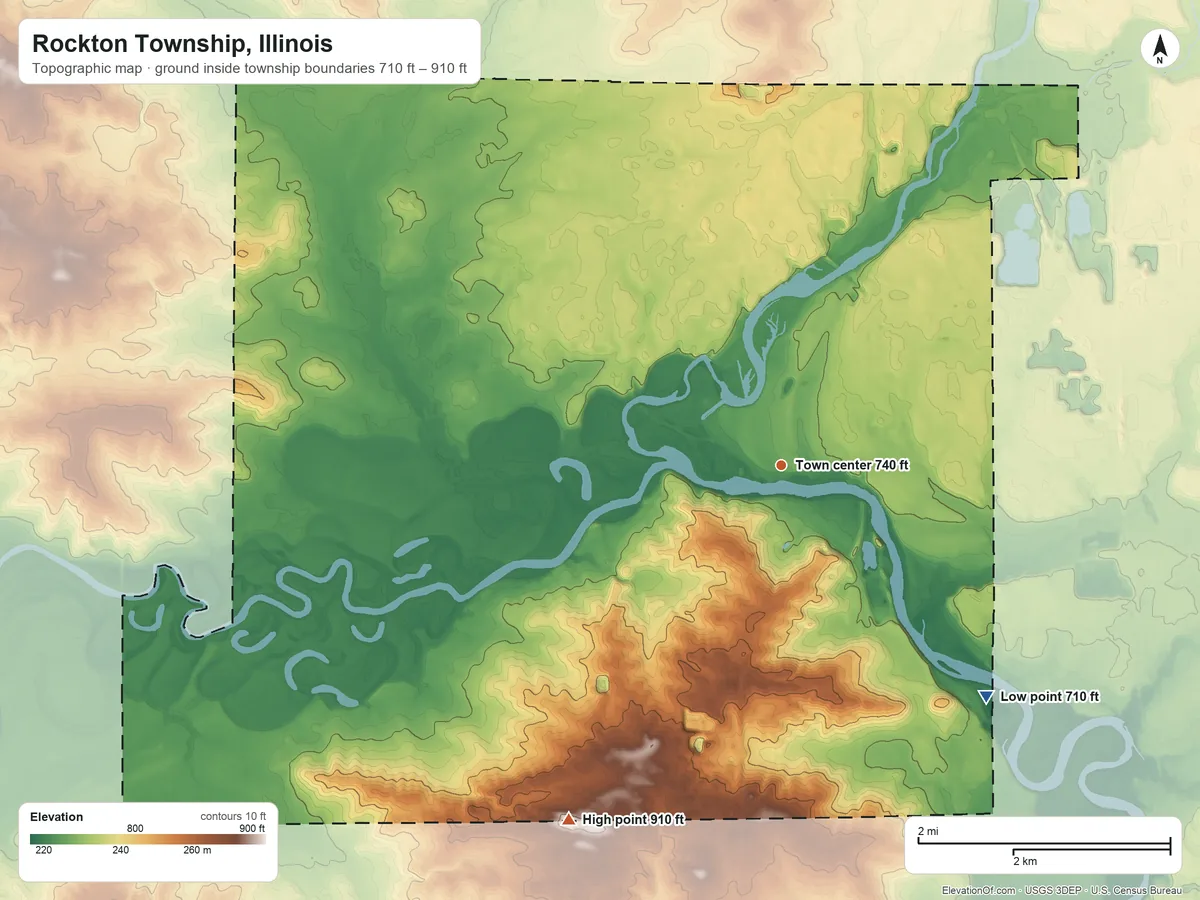 Topographic elevation map of Rockton Township, Illinois, shaded from 710 ft on the southeast side to 910 ft on the southwest side