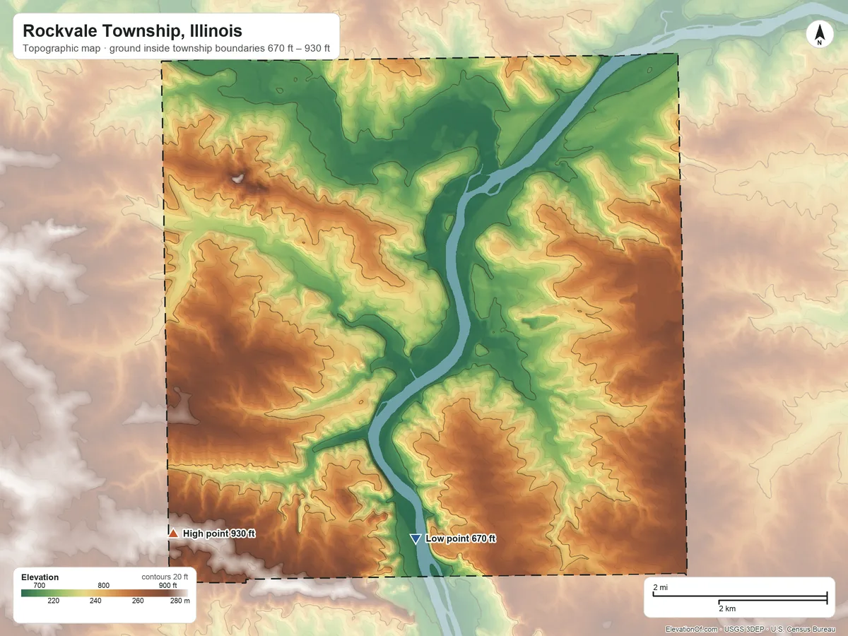 Topographic elevation map of Rockvale Township, Illinois, shaded from 670 ft on the south side to 930 ft on the southwest side