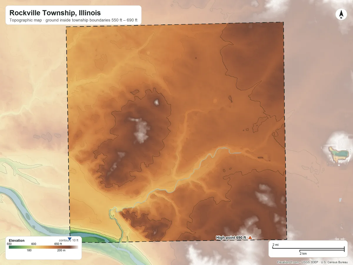 Topographic elevation map of Rockville Township, Illinois, shaded from 550 ft on the southwest side to 690 ft on the southeast side