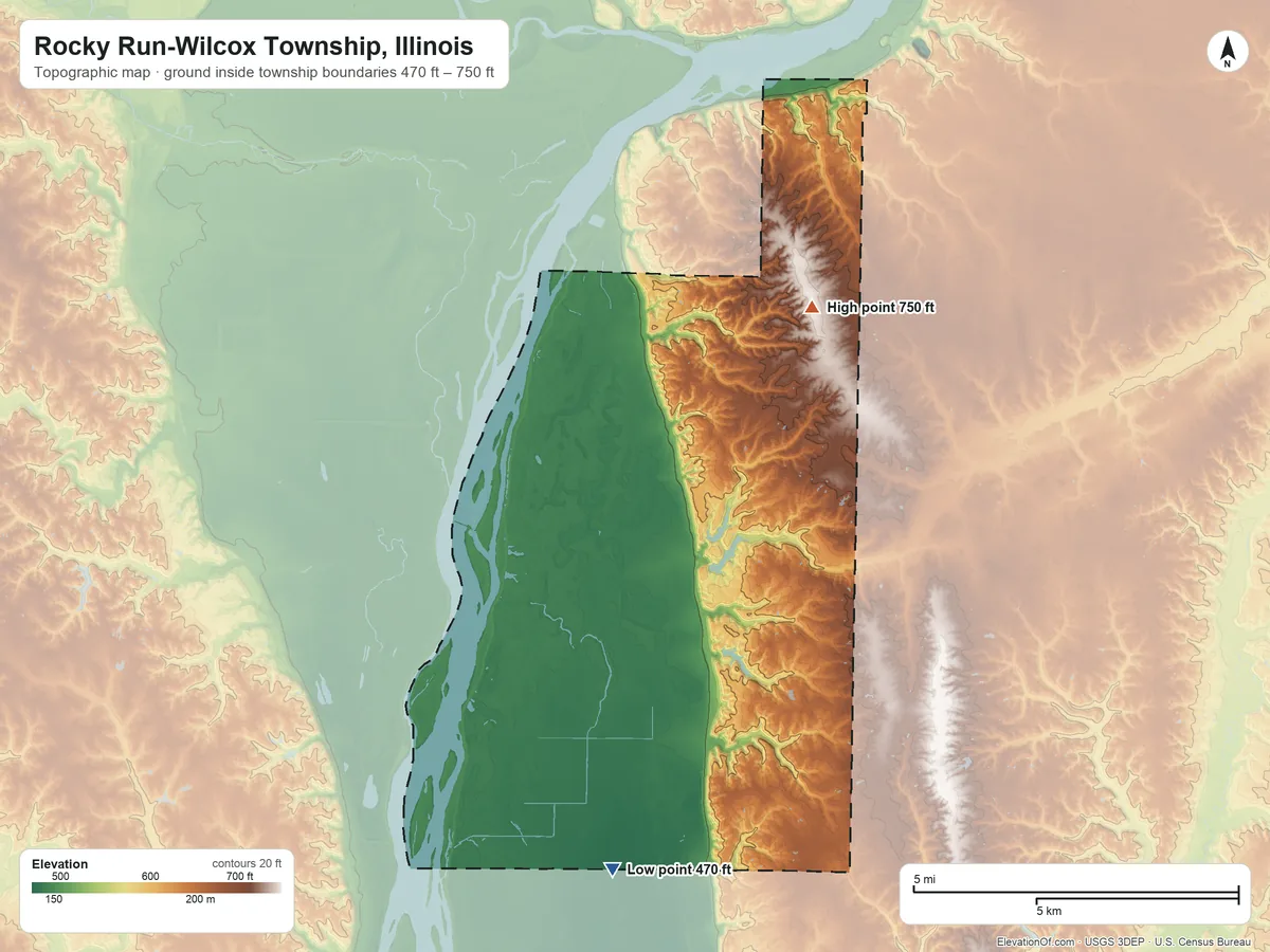 Topographic elevation map of Rocky Run-Wilcox Township, Illinois, shaded from 470 ft on the south side to 750 ft on the north side