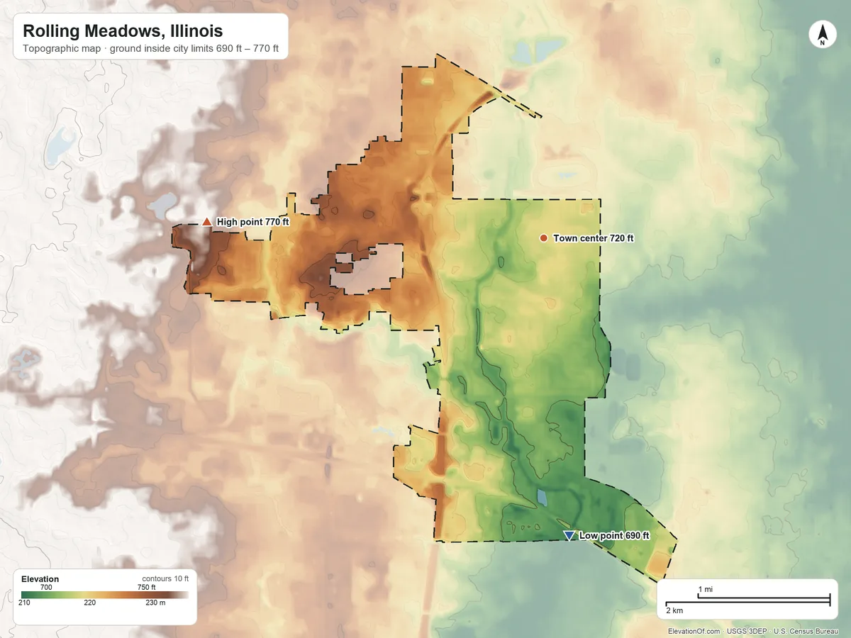 Topographic elevation map of Rolling Meadows, Illinois, shaded from 690 ft on the south side to 770 ft on the west side