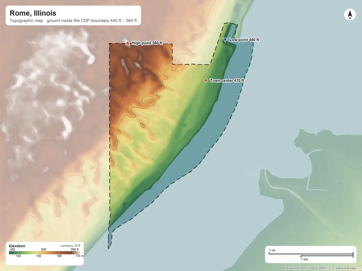 Topographic elevation map of Rome, Illinois, shaded from 440 ft on the northeast side to 560 ft on the northwest side