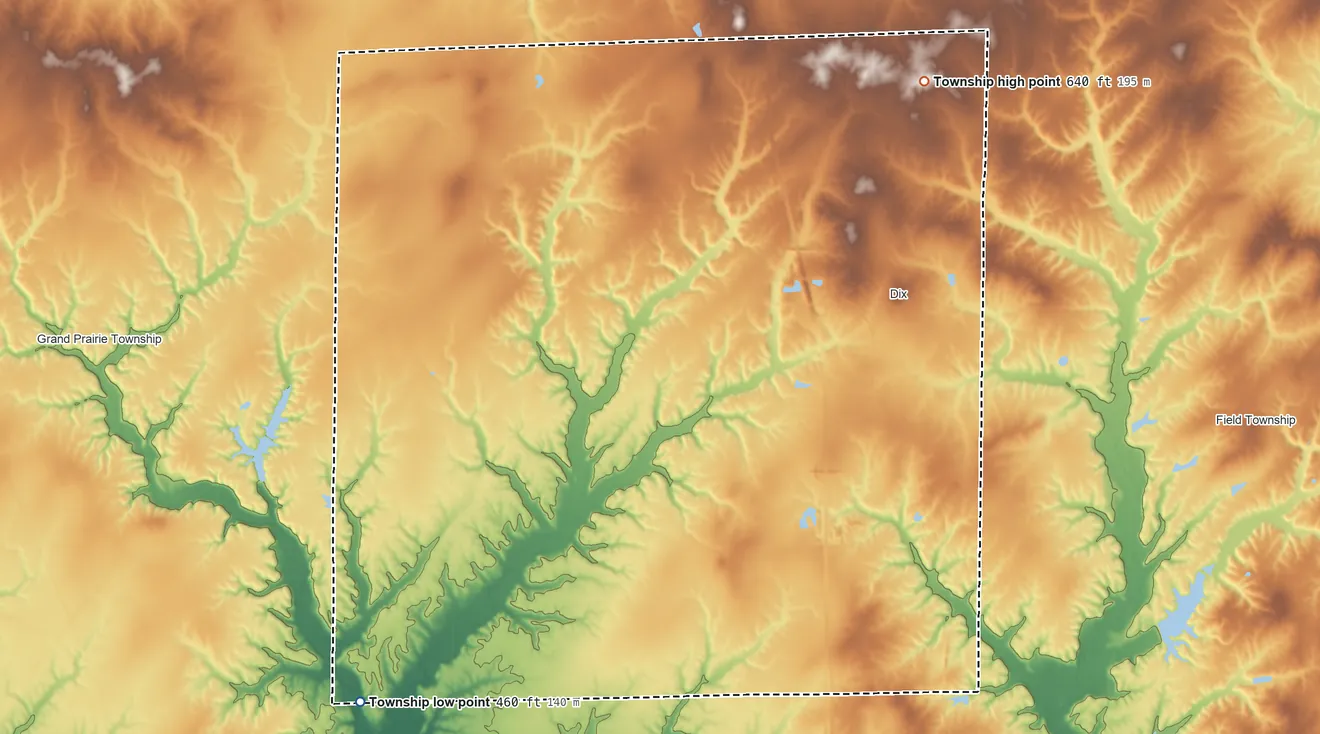 Topographic elevation map of Rome Township, Illinois, shaded from 460 ft on the southwest side to 640 ft on the northeast side