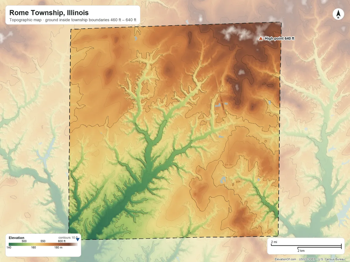 Topographic elevation map of Rome Township, Illinois, shaded from 460 ft on the southwest side to 640 ft on the northeast side