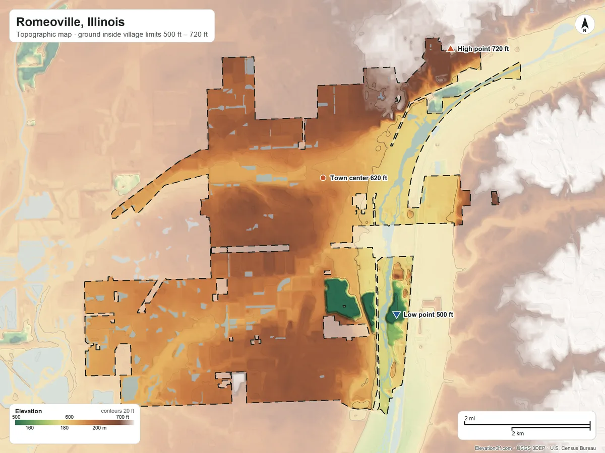 Topographic elevation map of Romeoville, Illinois, shaded from 500 ft on the southeast side to 720 ft on the northeast side