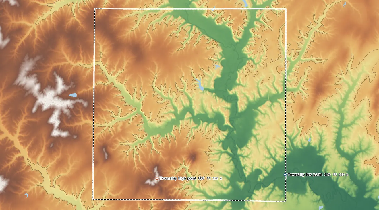 Topographic elevation map of Romine Township, Illinois, shaded from 420 ft on the southeast side to 600 ft on the southwest side