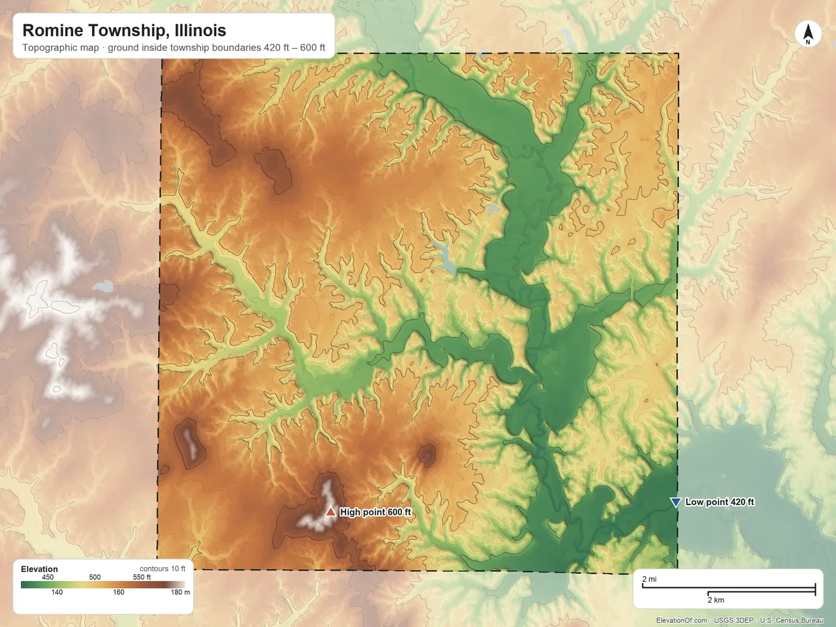 Topographic elevation map of Romine Township, Illinois, shaded from 420 ft on the southeast side to 600 ft on the southwest side
