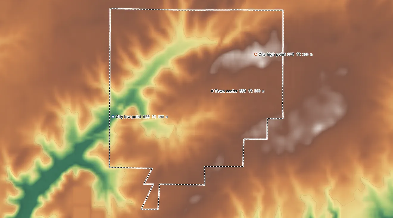 Topographic elevation map of Roodhouse, Illinois, shaded from 620 ft on the west side to 670 ft on the northeast side