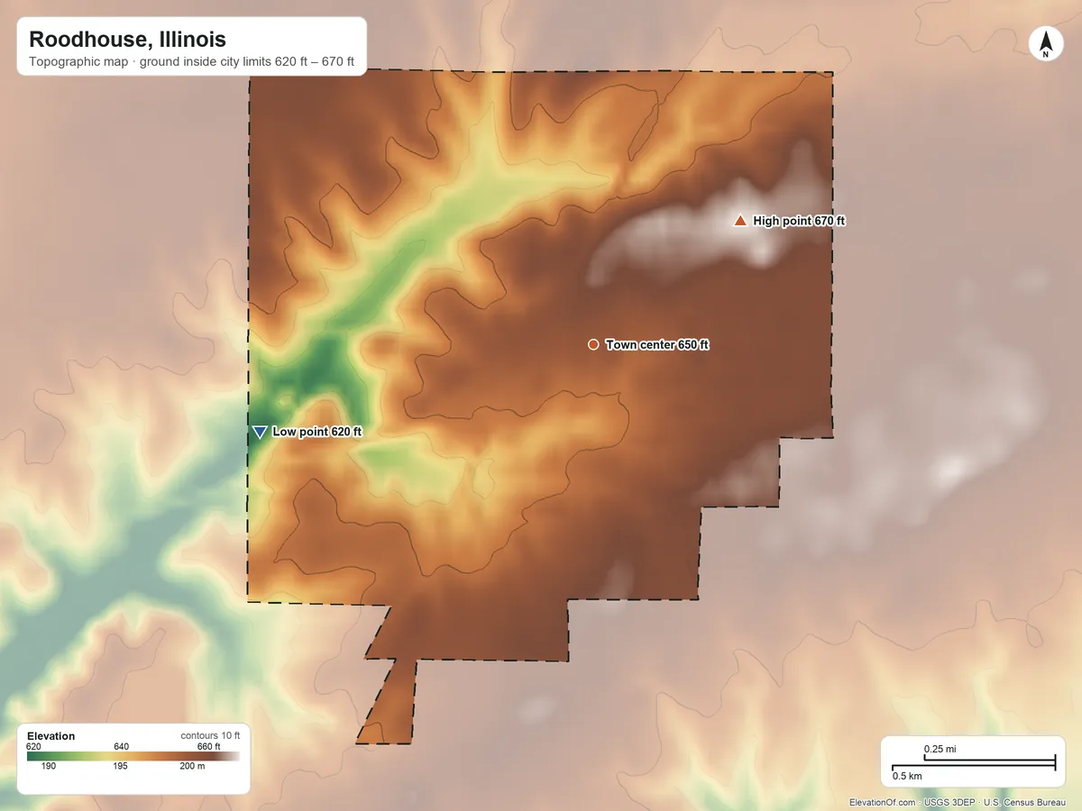 Topographic elevation map of Roodhouse, Illinois, shaded from 620 ft on the west side to 670 ft on the northeast side