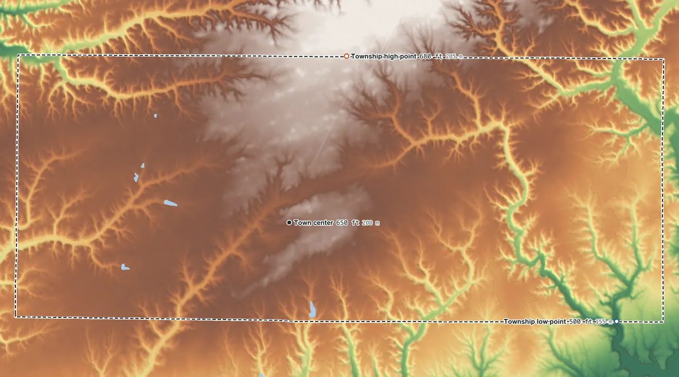 Topographic elevation map of Roodhouse Township, Illinois, shaded from 500 ft on the east side to 680 ft on the north side