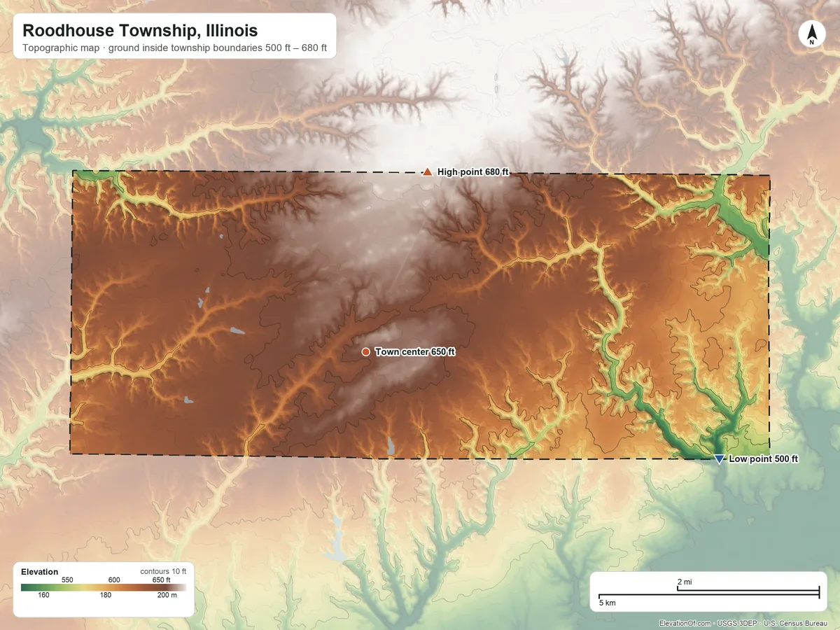 Topographic elevation map of Roodhouse Township, Illinois, shaded from 500 ft on the east side to 680 ft on the north side