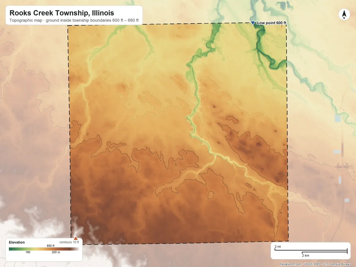 Topographic elevation map of Rooks Creek Township, Illinois, shaded from 600 ft on the northeast side to 680 ft on the southwest side