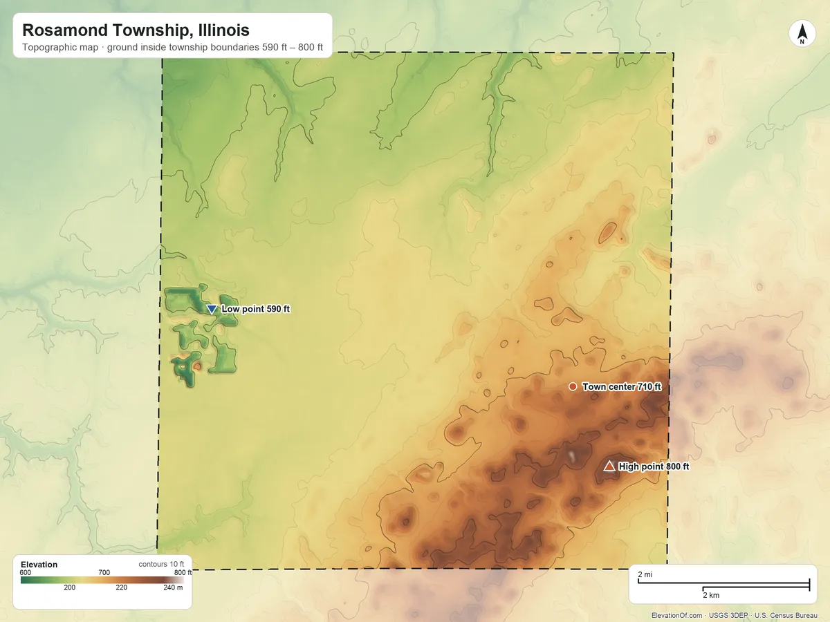 Topographic elevation map of Rosamond Township, Illinois, shaded from 590 ft on the west side to 800 ft on the southeast side