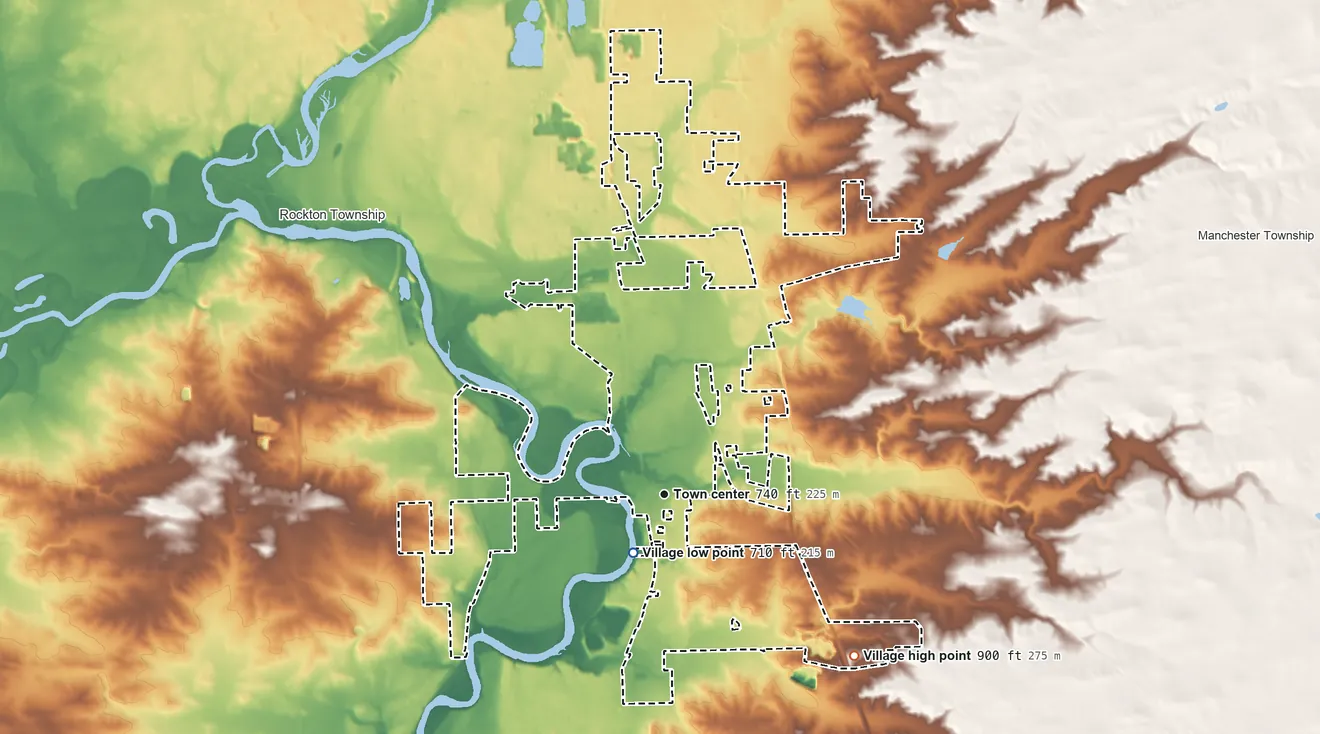 Topographic elevation map of Roscoe, Illinois, shaded from 710 ft near the middle to 900 ft on the southeast side