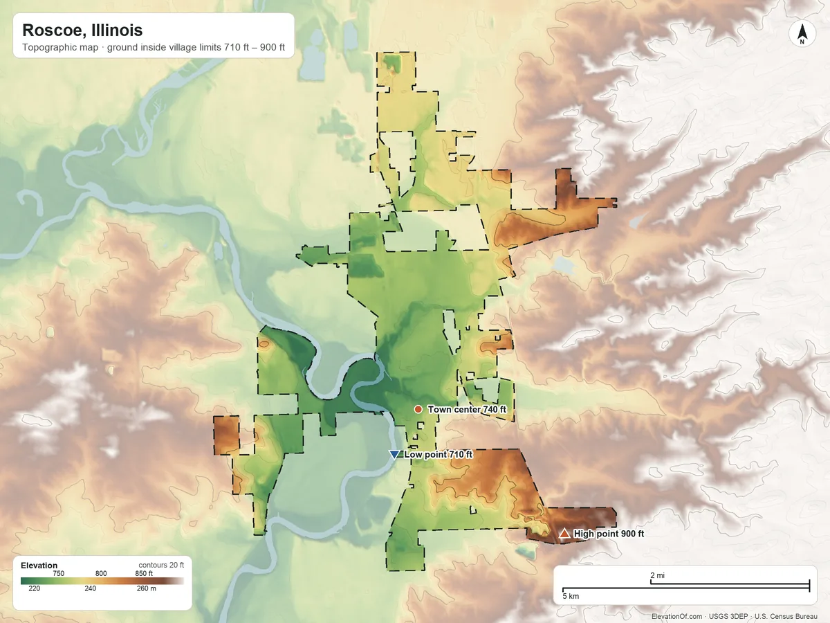 Topographic elevation map of Roscoe, Illinois, shaded from 710 ft near the middle to 900 ft on the southeast side