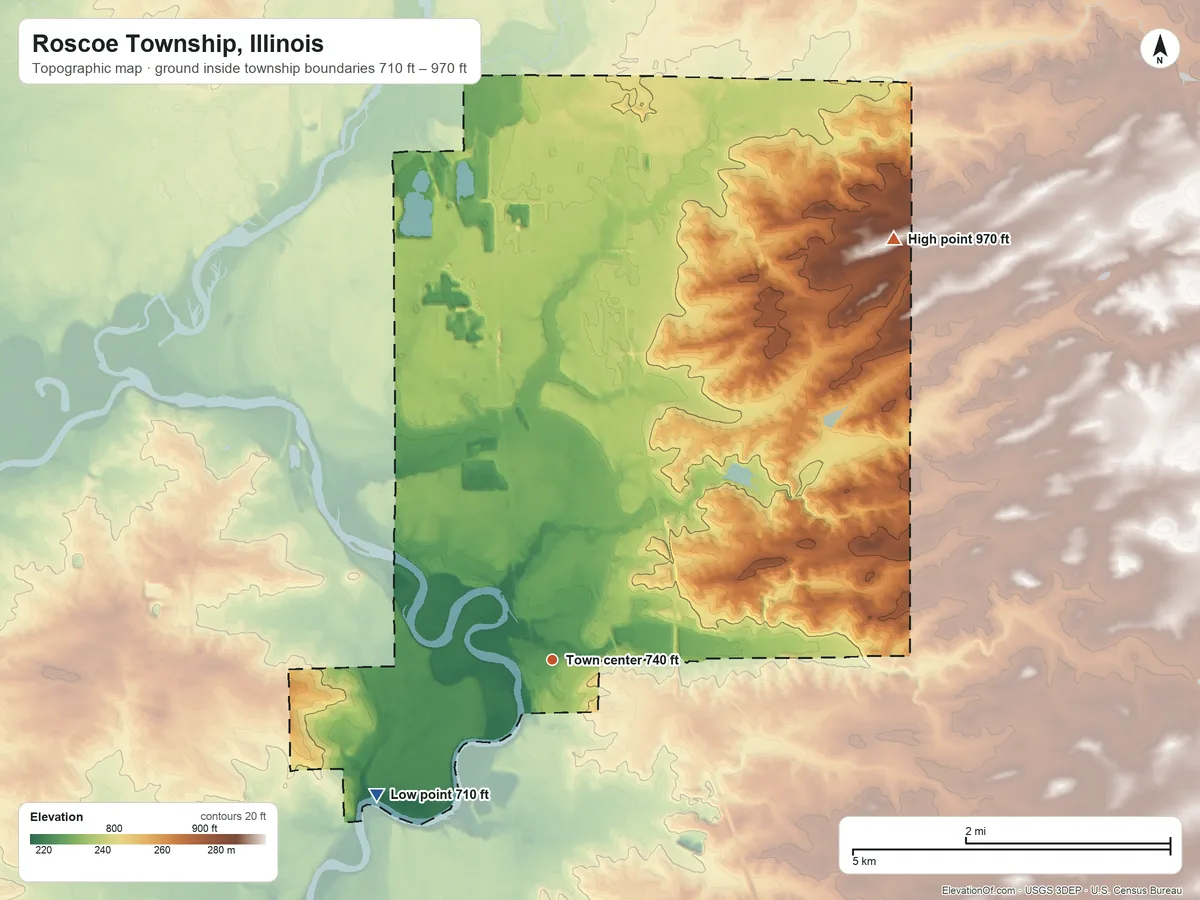 Topographic elevation map of Roscoe Township, Illinois, shaded from 710 ft on the southwest side to 970 ft on the northeast side