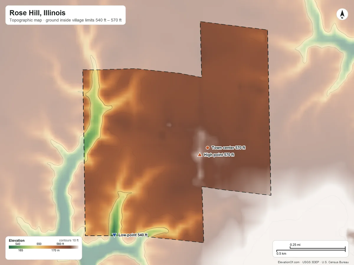 Topographic elevation map of Rose Hill, Illinois, shaded from 540 ft on the southwest side to 570 ft near the middle