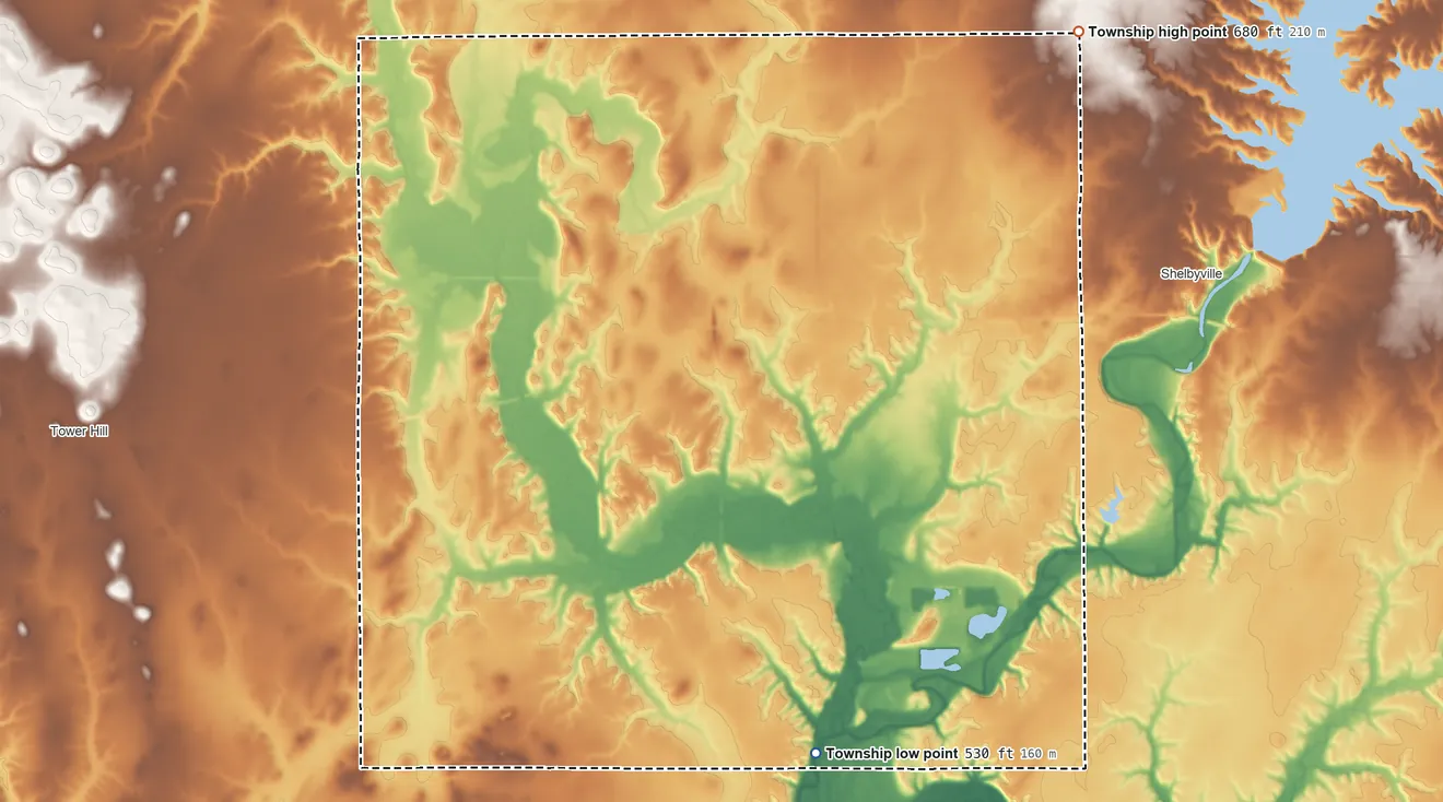 Topographic elevation map of Rose Township, Illinois, shaded from 530 ft on the south side to 680 ft on the northeast side