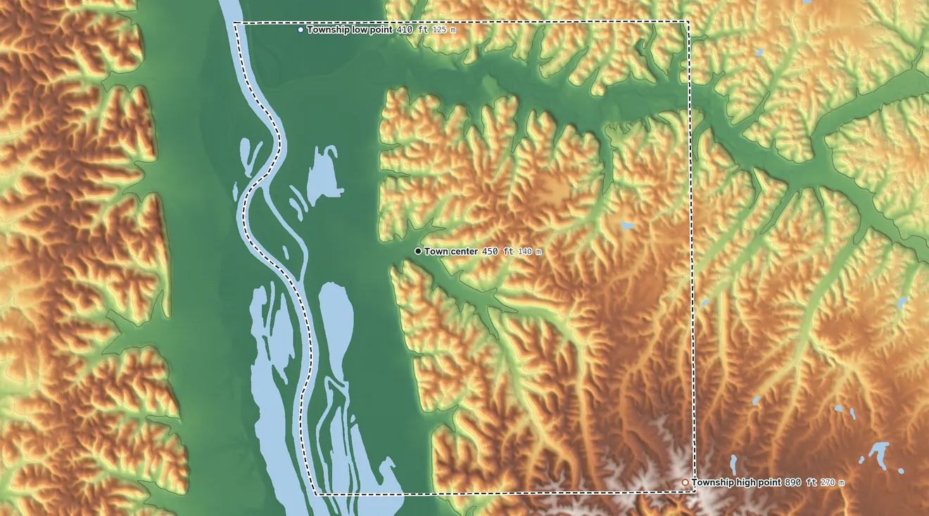 Topographic elevation map of Rosedale Township, Illinois, shaded from 410 ft on the northwest side to 890 ft on the southeast side