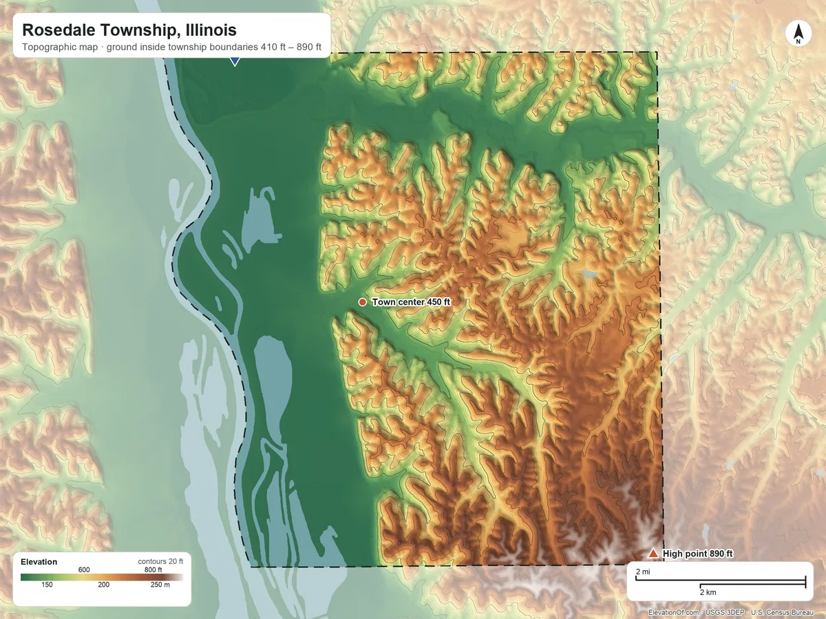 Topographic elevation map of Rosedale Township, Illinois, shaded from 410 ft on the northwest side to 890 ft on the southeast side