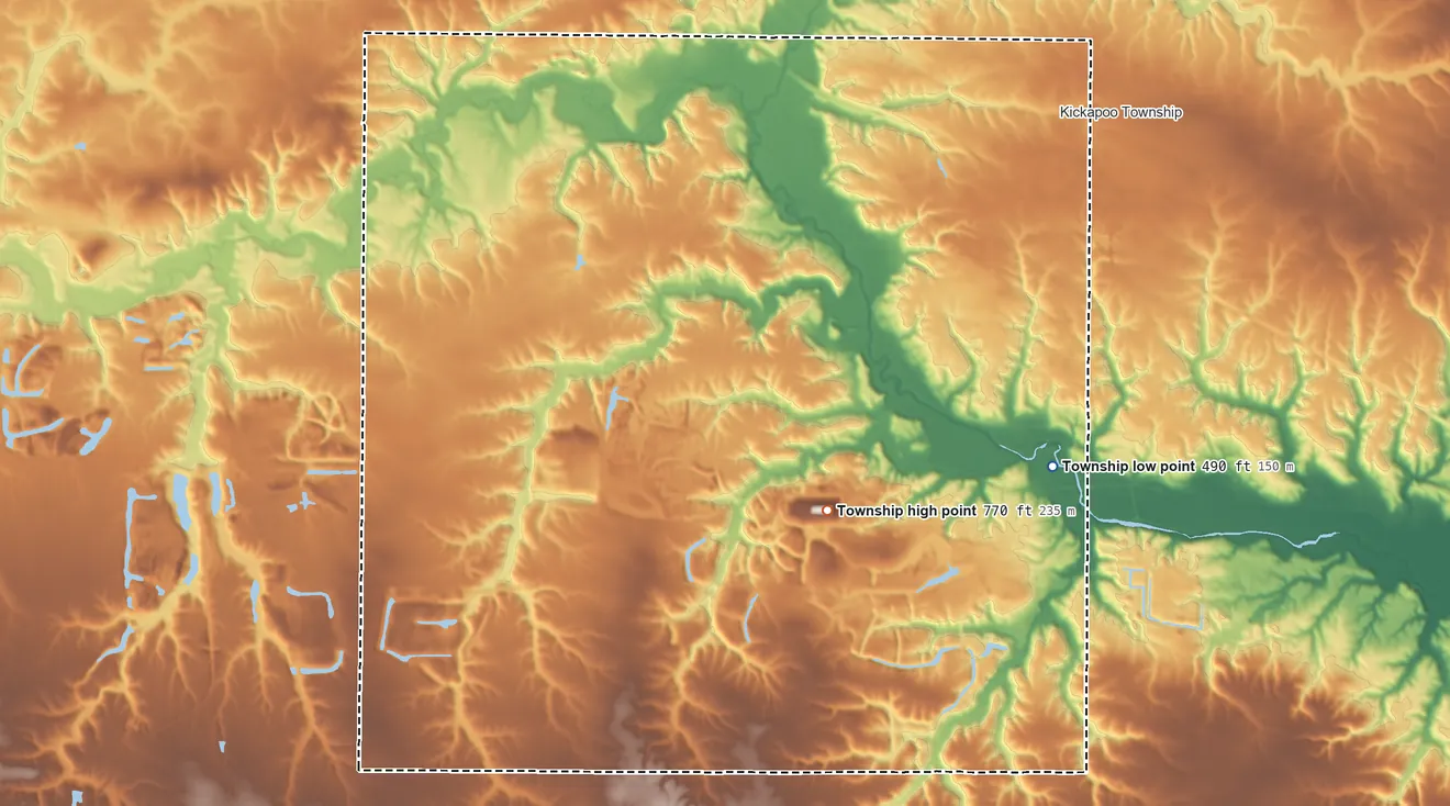 Topographic elevation map of Rosefield Township, Illinois, shaded from 490 ft on the southeast side to 770 ft on the southeast side