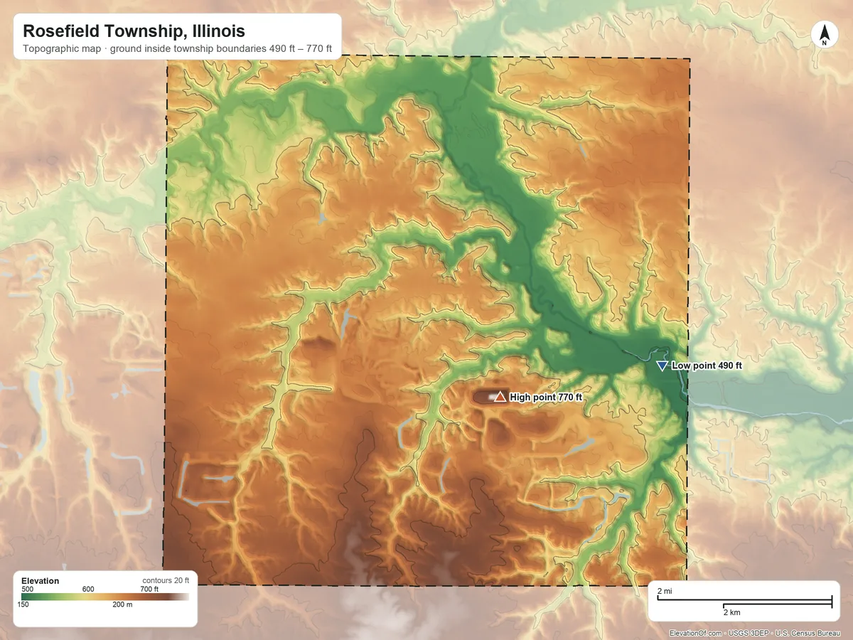 Topographic elevation map of Rosefield Township, Illinois, shaded from 490 ft on the southeast side to 770 ft on the southeast side