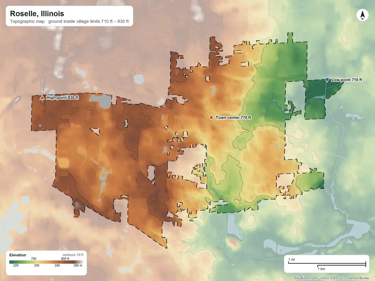 Topographic elevation map of Roselle, Illinois, shaded from 710 ft on the east side to 830 ft on the west side
