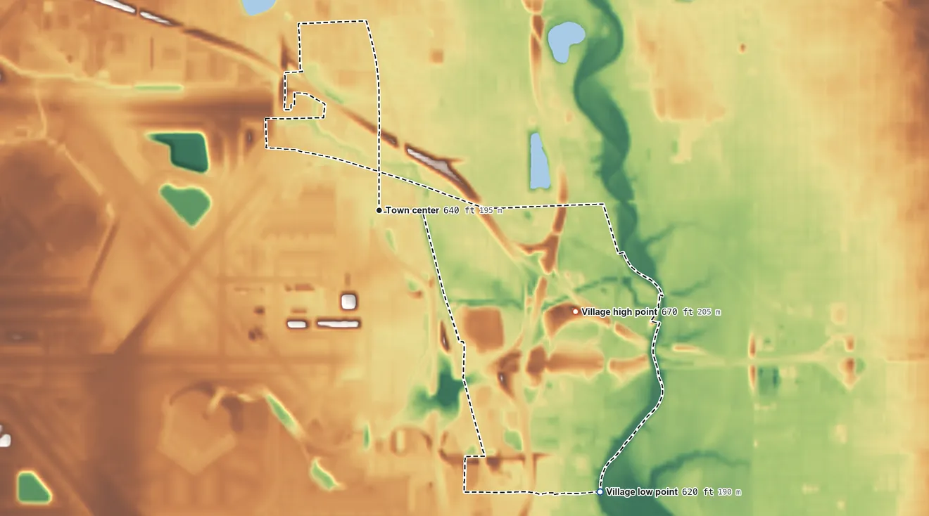 Topographic elevation map of Rosemont, Illinois, shaded from 620 ft on the southeast side to 670 ft on the southeast side
