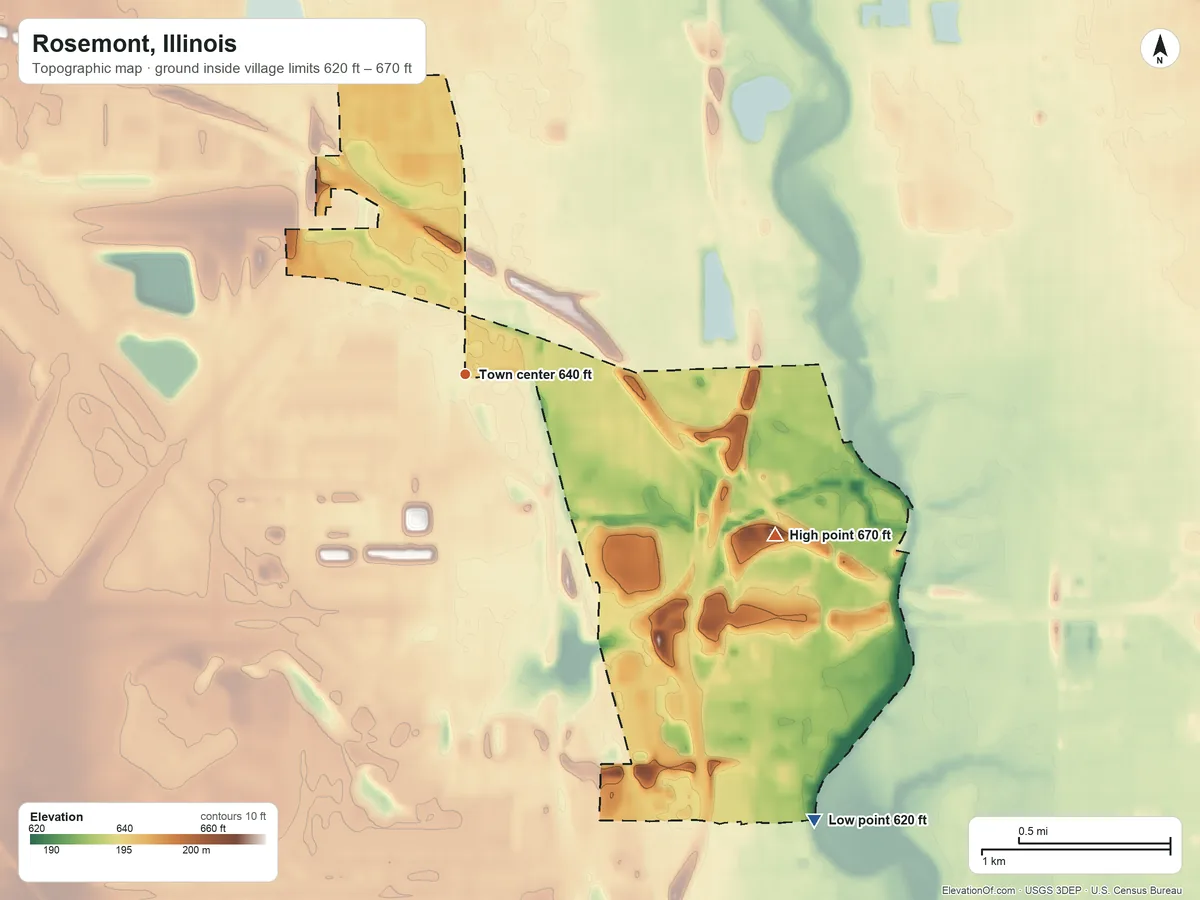 Topographic elevation map of Rosemont, Illinois, shaded from 620 ft on the southeast side to 670 ft on the southeast side