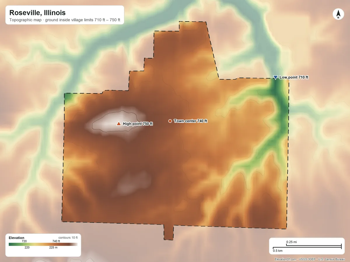 Topographic elevation map of Roseville, Illinois, shaded from 710 ft on the northeast side to 750 ft on the west side