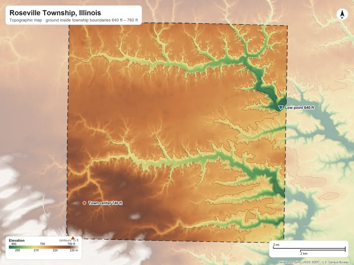 Topographic elevation map of Roseville Township, Illinois, shaded from 640 ft on the northeast side to 760 ft on the south side