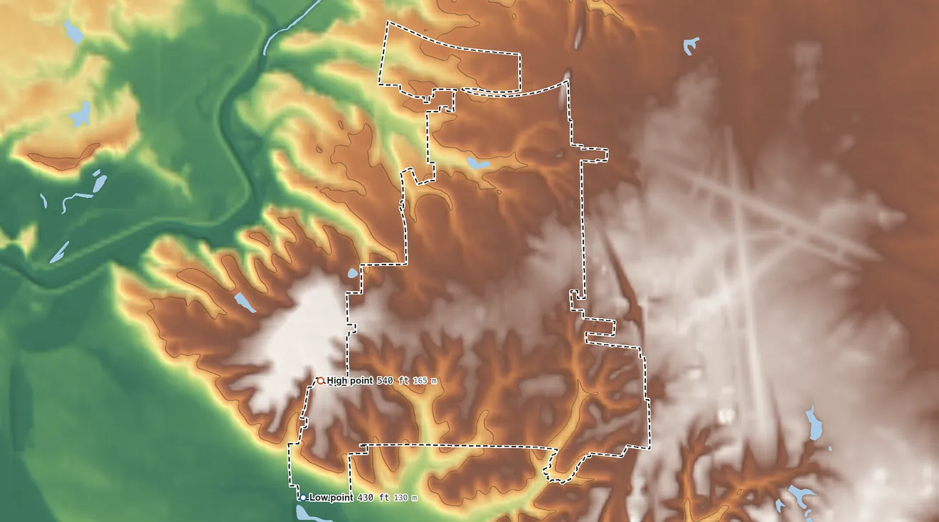 Topographic elevation map of Rosewood Heights, Illinois, shaded from 430 ft on the southwest side to 540 ft on the southwest side